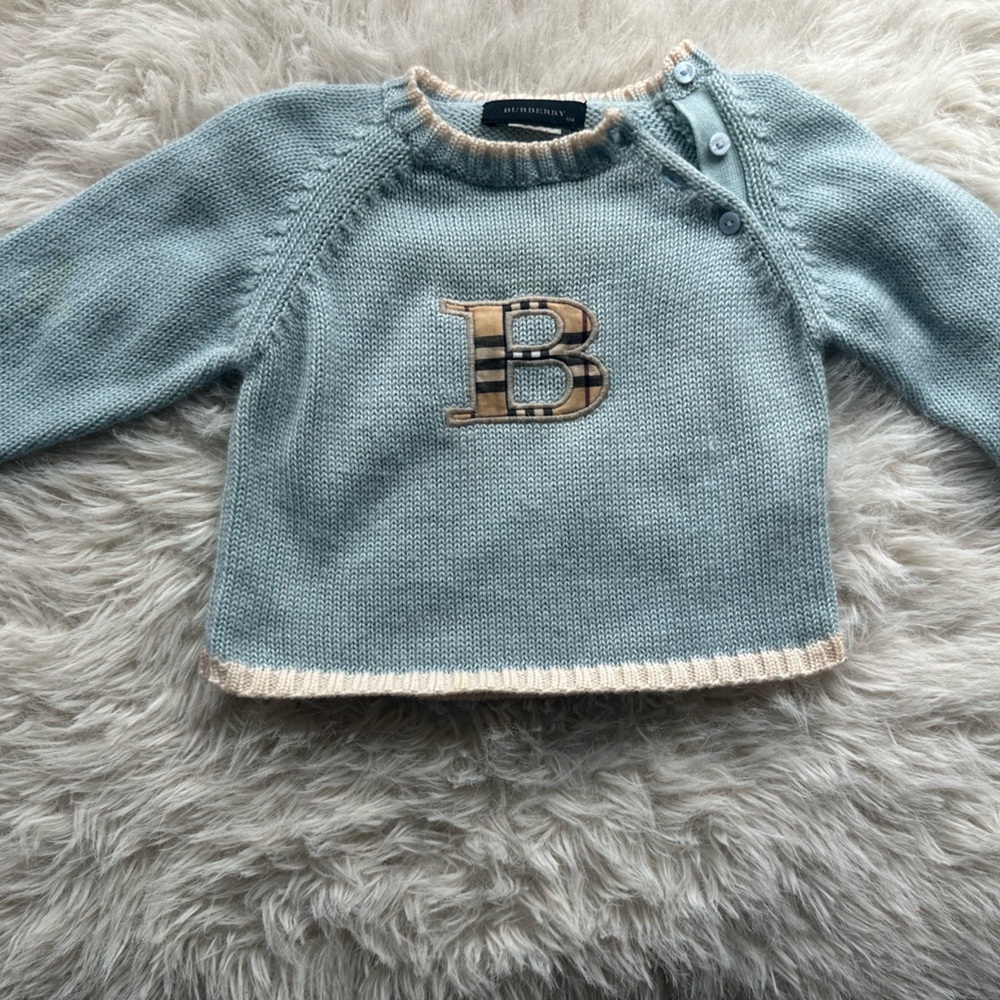 Burberry Baby Light Blue Knit Sweater with Cream brown B Burberry Nova Check - Picture 13 of 14